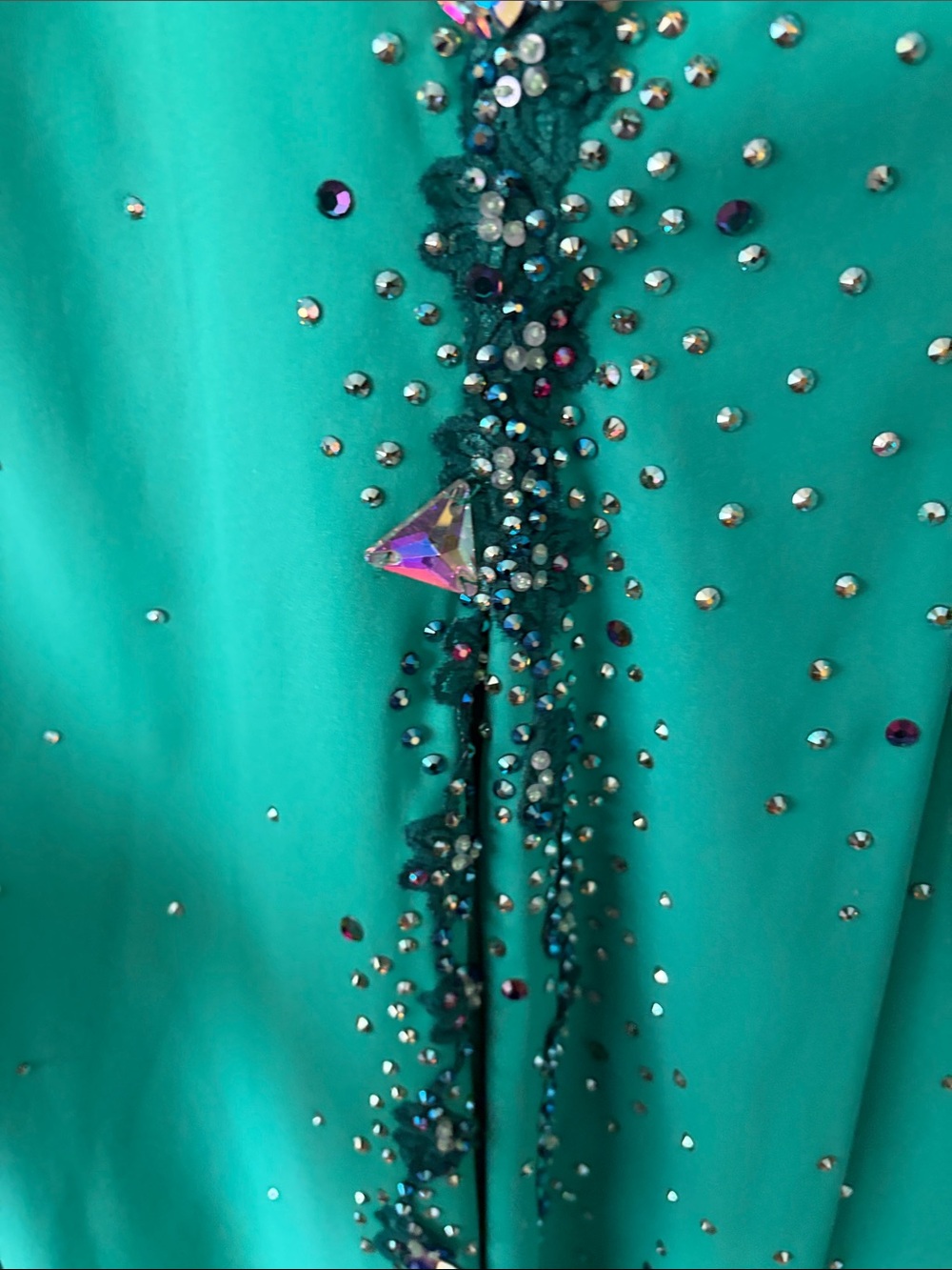 Turquoise Long Sleeve Ballroom Dress with Nude Illusion and Crystal Trim - Picture 6 of 11